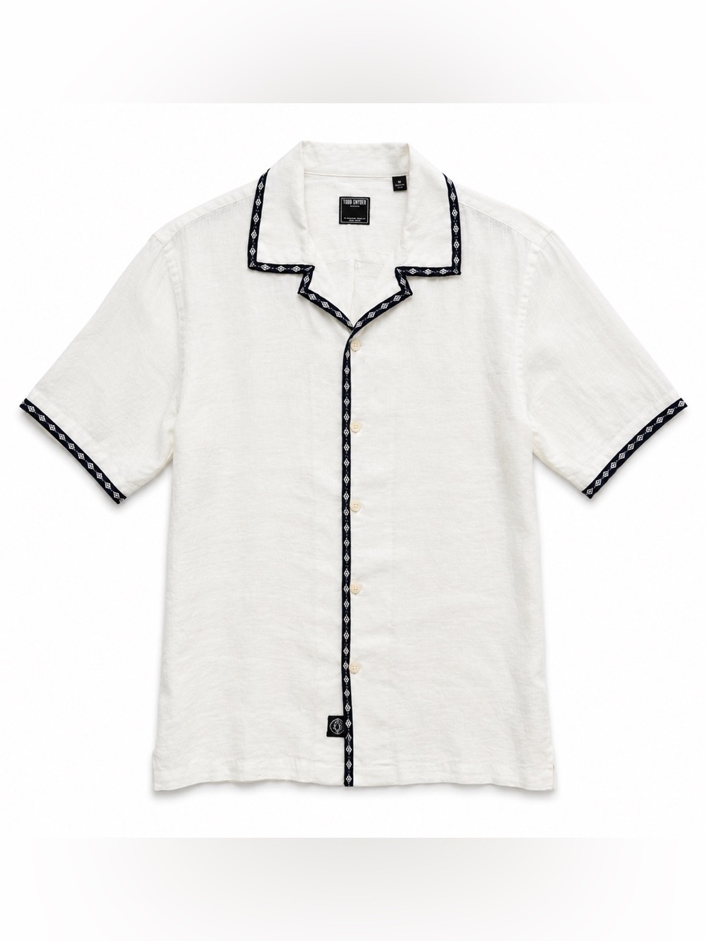 Todd Snyder 100% Linen Camp Collar Shirt White Embroidered Trim Size M
